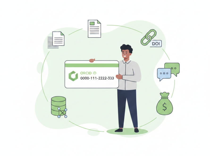 Vector illustration of a digital identity shield protecting a researcher profile, with connected nodes linking to publications, citations, datasets, and affiliations, minimal modern style, soft green/neutral palette, crisp lines, high resolution, horizontal banner format.