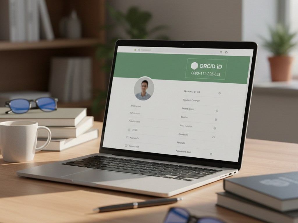 A realistic 3D-style render of a laptop screen showing a generic researcher profile page with an ‘ORCID iD’ badge and a 16-digit identifier, desk workspace, soft lighting, professional academic vibe, shallow depth of field, high resolution